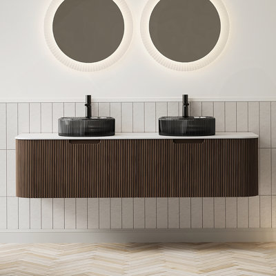 Meuble-lavabo mural flottant avec lavabo en verre noir transparent, tiroir et finition rayée 3D