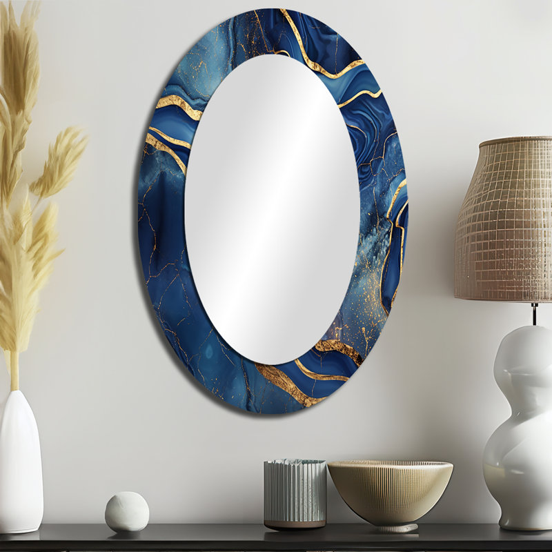 Miroir mural moderne en marbre bleu et or abstrait III, 36 po x 24 po