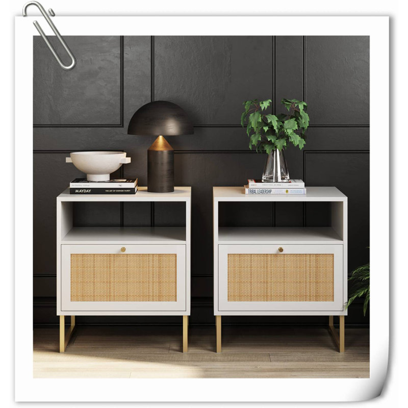 Table d'appoint en rotin avec rangement pour le salon ou la chambre Ã  coucher, Blanc / doré, Individuel