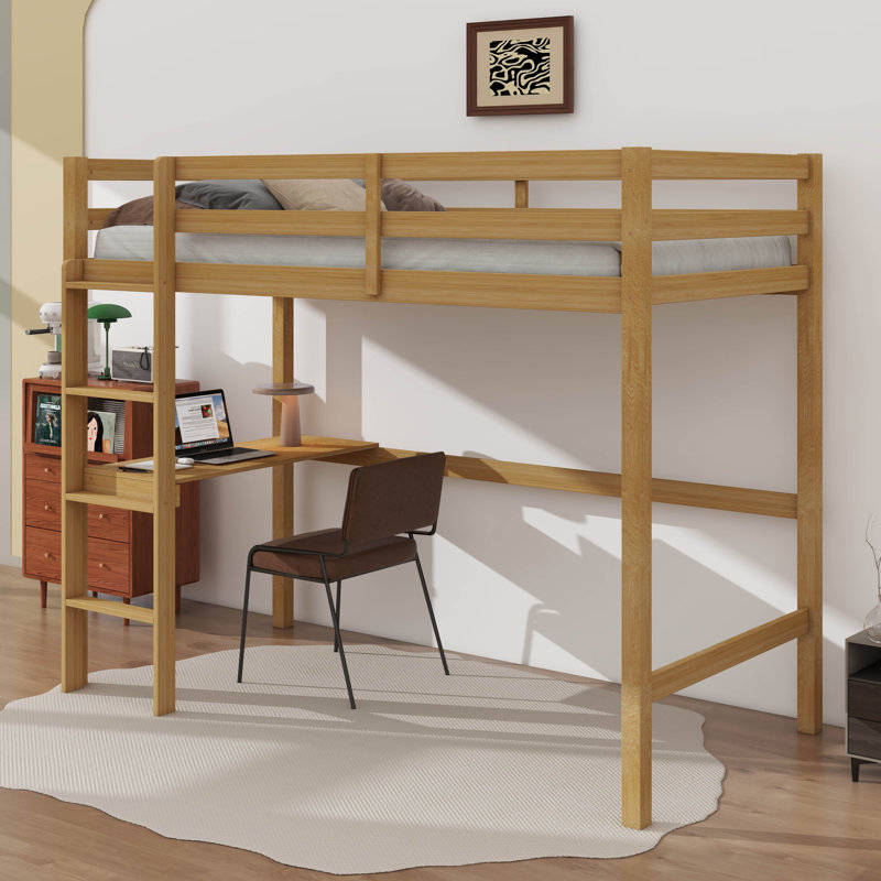 Lit mezzanine simple en bois d'hévéa avec barrière de sécurité, bureau intégré et échelle, Chêne blanc