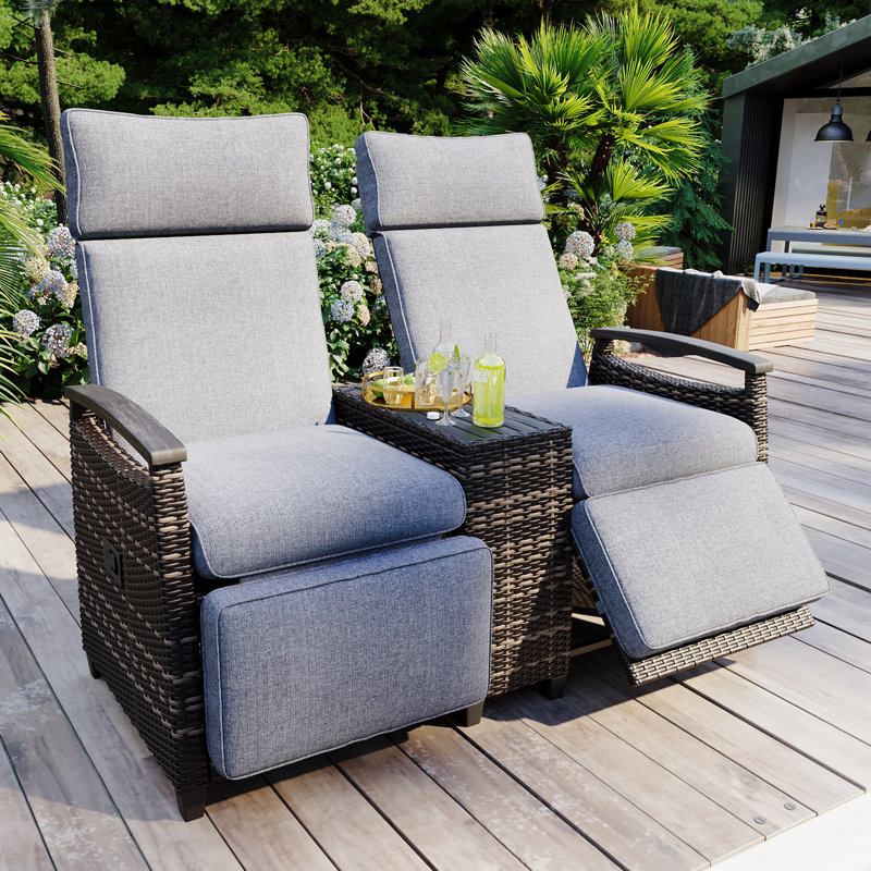 Outdoor Wicker Reclining Loveseat With Storage Table, Gray Cushion/Brown Frame