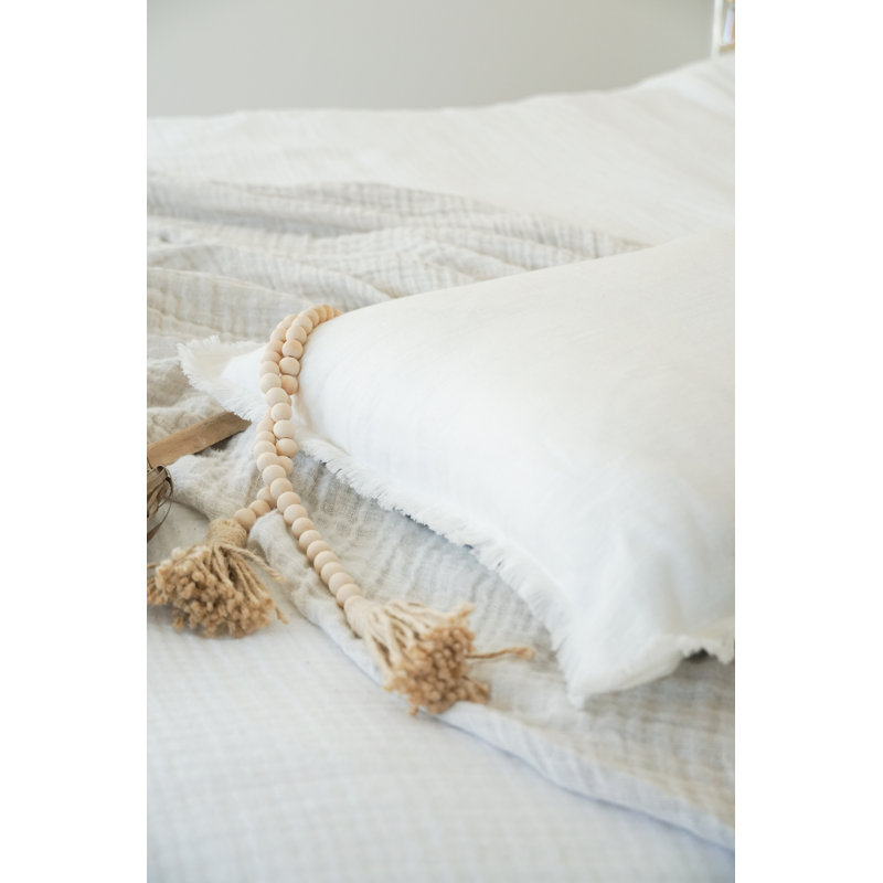 Bright White Linen Lumbar Pillow with Fringed Edges