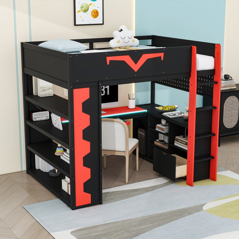Lit mezzanine double en bois avec bureau intégré, tablettes et tiroir, Noir / Rouge