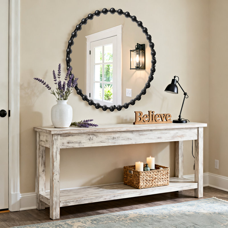 Metal Frame Beaded Decorative Round Wall Mirror, 36" x 36", Black