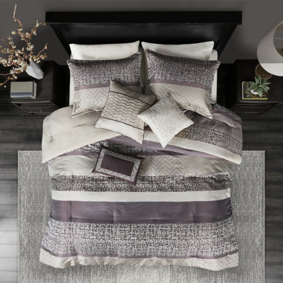 Literie de luxe pourpre très grand, motif à rayures, 3 coussins décoratifs, édredon 7 pièces lavable à la machine, 2 taies décoratives assorties, jupe de lit
