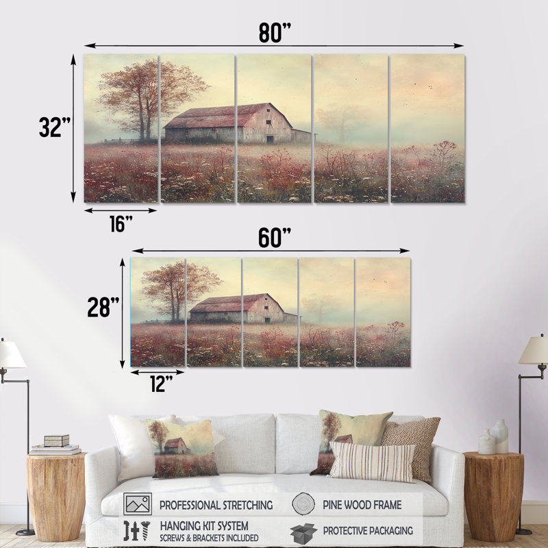 Paysage de ferme brume en brun et gris - ensemble d'art mural de ferme, H 32 po x l 80 po