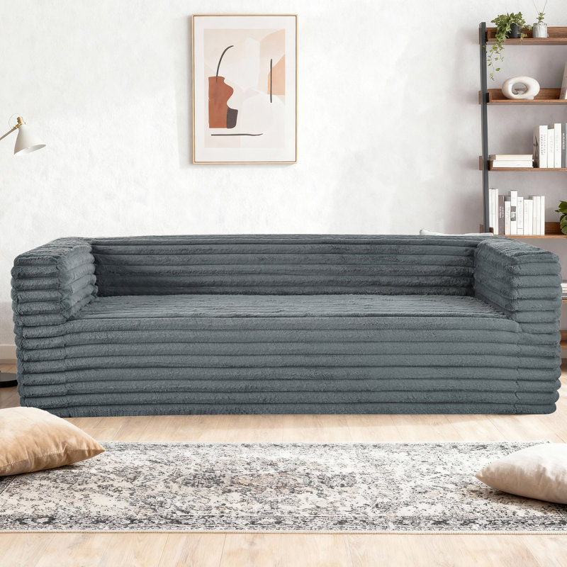 Canapé 89 po en velours côtelé de 89 po avec accoudoirs carrés et mousse douce, aucun assemblage requis, Gris