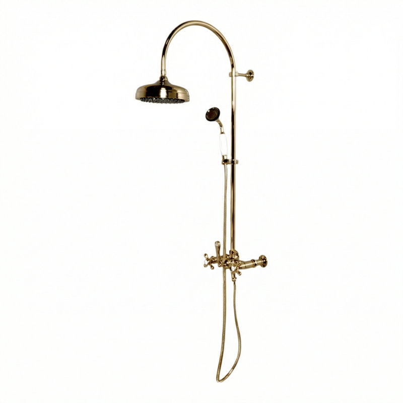 Exposed Shower System 36" Wall Mounted with 7" Center, Handshower & Lever/Cross Handles, Unlacquered Polished Brass
