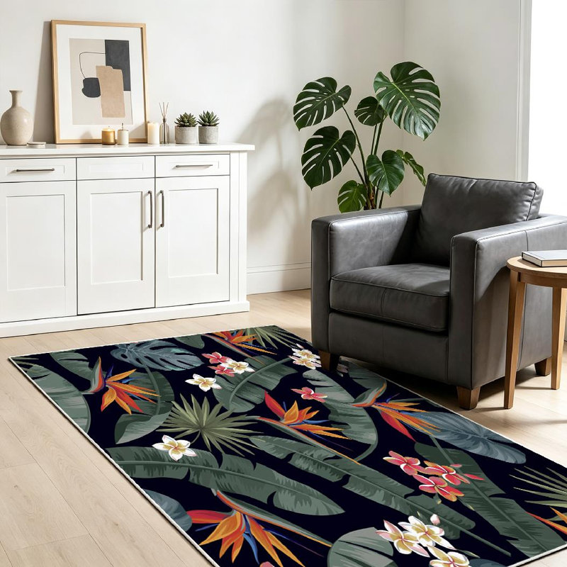 Pink Tropical Palm Leaves Exotic Flowers Floral Banana Island Tree Machine Washable Indoor Area Rug, Rectangle 39" x 63"