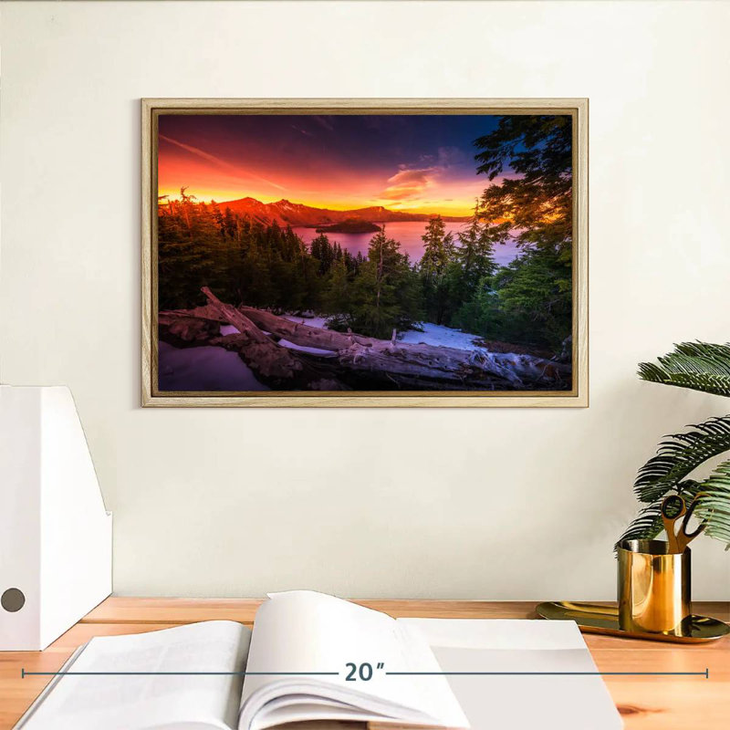 Majestic Crater Lake Sunset, Cadre flottant en bois naturel, 13 po x 9 po