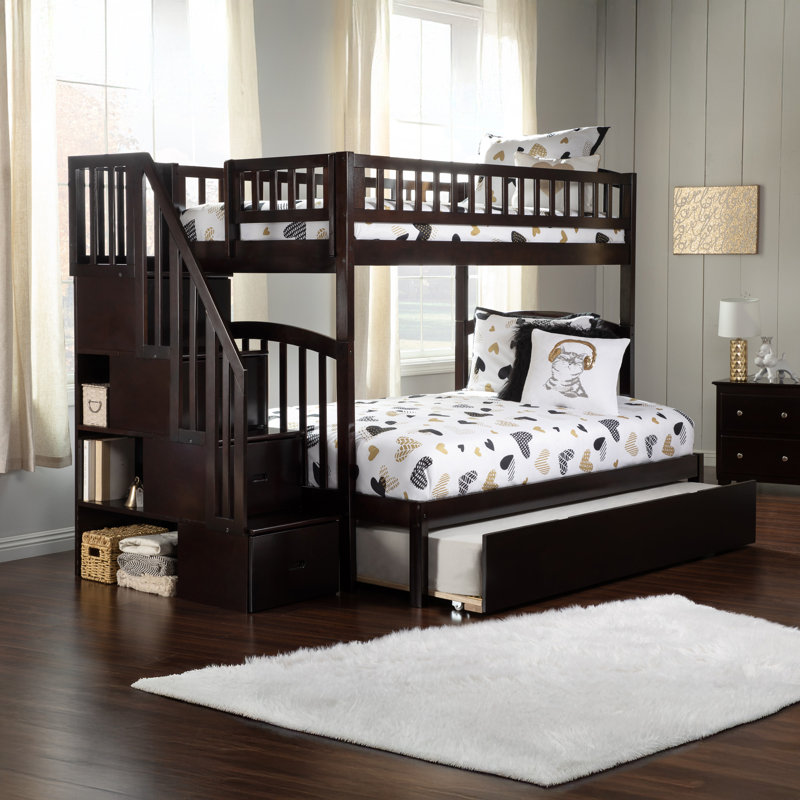 Jaxson Twin Over Full Solid Wood Staircase Bunk Bed with Trundle, Twin/Full, Espresso