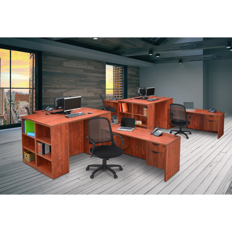 Nebih Reception Desk with Full Pedestal File Cabinet, Cherry