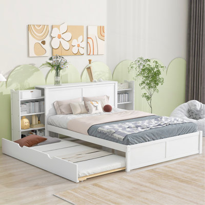 Queen Size Storage Platform Bed With Pull Out Shelves And Twin  XL Size Trundle, White