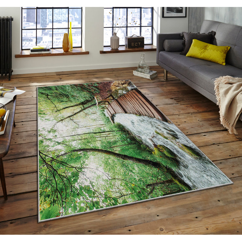 Tapis rectangulaire tissé à la machine en polyester vert / brun Hoelscher, Rectangle 4 pi 7 po x 7 pi 3 po