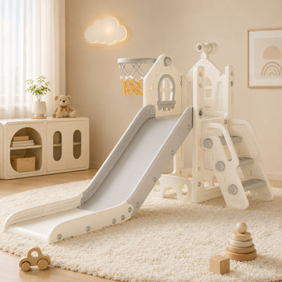 Ensemble de jeu 5-en-1 pour tout-petits - grimpeur intérieur et extérieur avec glissade, panier de basketball, jouet de télescope, rangement, marches antidérapantes, matériau en PEHD sécuritaire, 1 à 3 ans