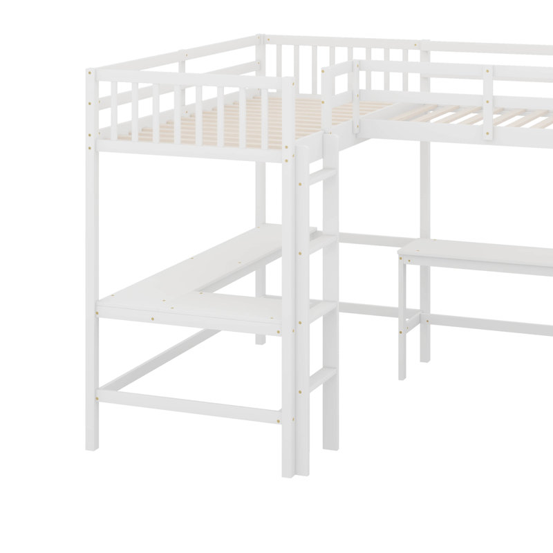 Jingwen Twin L-Shaped Conjoined Loft Beds with Desks & Ladder, White