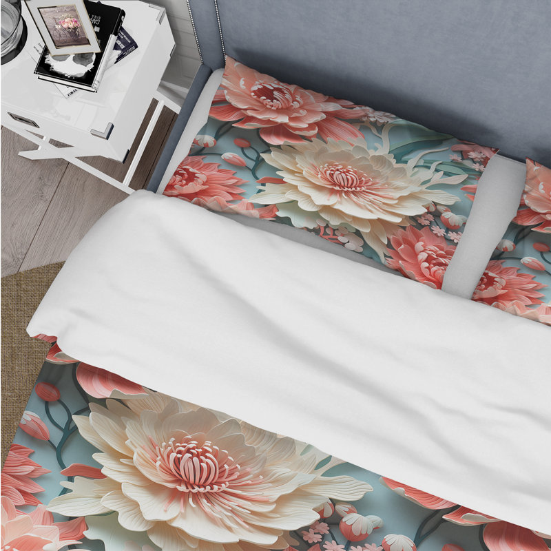 Coral Serenade Tropical Pattern IV Floral Duvet Cover, King Duvet Cover + 2 King Shams