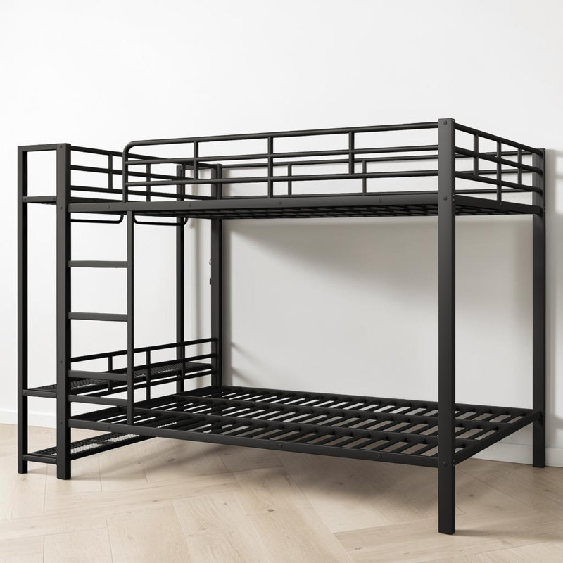 Full Over Full Bunk Bed With Clothes Tree And LED Lights, Black, Queen Over Queen
