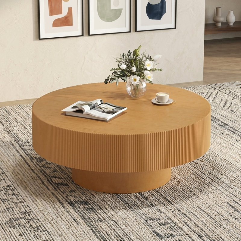Table basse ronde, conception de tambour cannelé, élégant et chic moderne, déclaration de salon, Natural