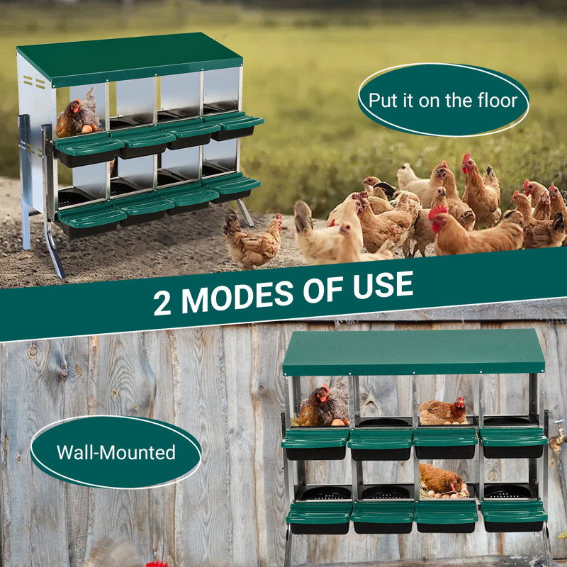 Boîte de nidification pour poulets, boîte de nidification pour poulets à 8 trous, nichoirs roulants en acier galvanisé avec couvercle et pieds, nichoirs pour poules pondeuses, vert