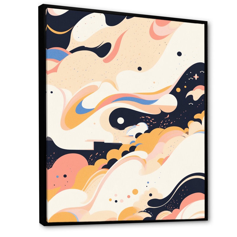 Abstractions symétriques beiges noires sur toile, H 20 po x l 12 po x P 1 po, Cadre flottant noir
