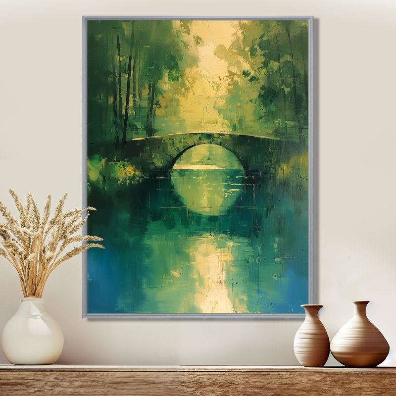 «Green Yellow Spring Waterway River Bridge», impression d'art mural, Toile argentée avec cadre flottant