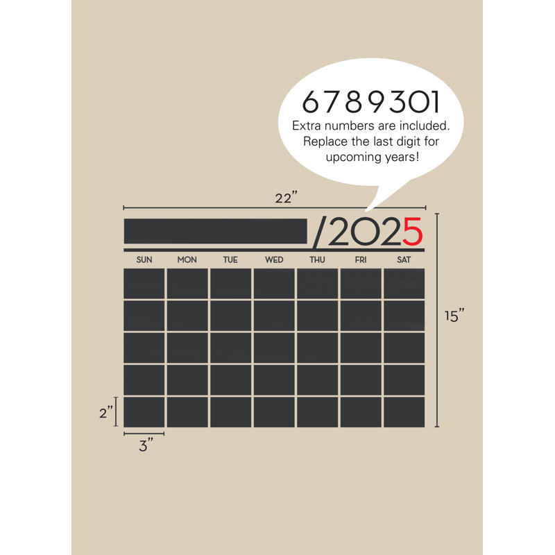 2025 Calendar Chalkboard Wall Decal, 43"W x 30"H