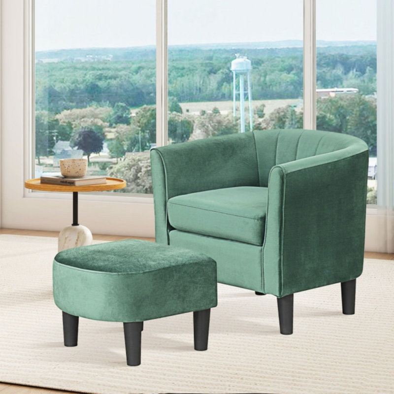 Fauteuil demi-tonneau rembourré en velours avec repose-pieds et repose-pieds Teddy, Vert