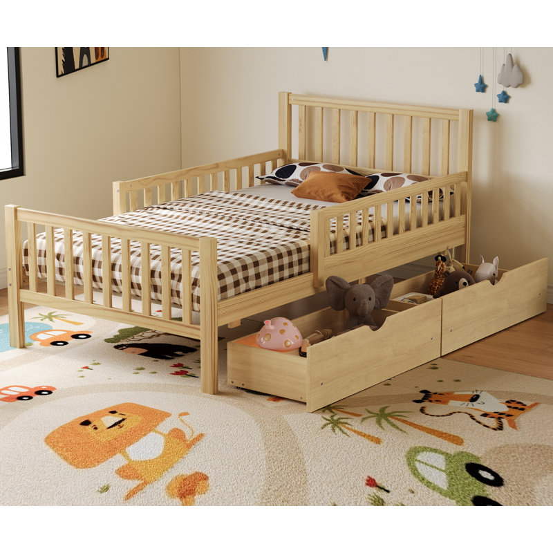 Lit plateforme simple en bois avec garde-corps des deux côtés et deux tiroirs de rangement