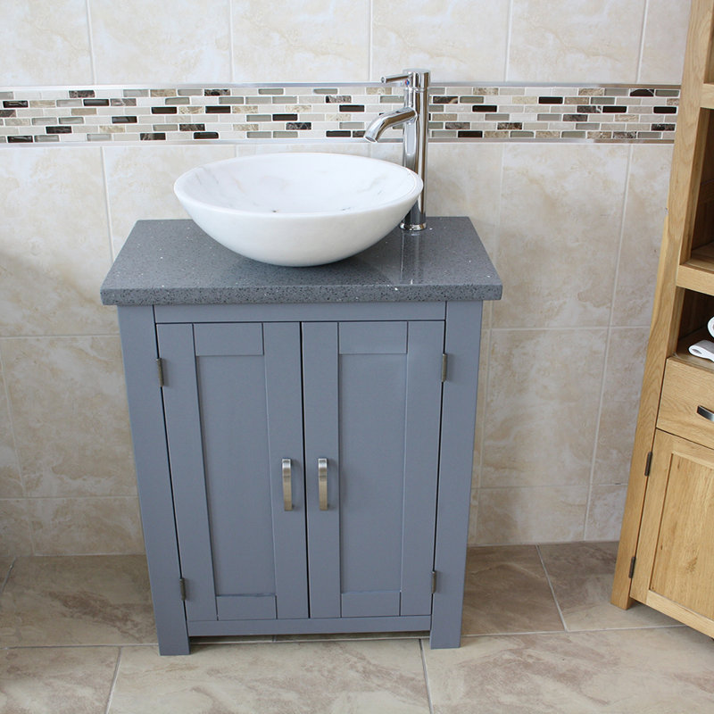 Roberge 650mm Single Bathroom Vanity with Vessel Stone Basin, White, Grey Quartz, Grey