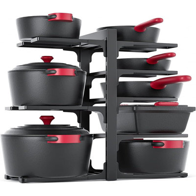 Organisateur de casseroles et de poêles à 8 niveaux, support à casseroles réglable robuste pour l'organisation d'armoires de cuisine, poêles à frire, poêles en fonte et rangement pour batterie de cuisine, noir