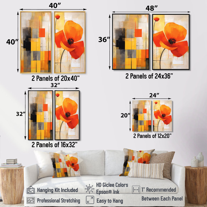 «Bold Orange Cubic Flowers», reproduction d'art corail sur toile, Black, 36" H x 48" W, Impression encadrée flottante