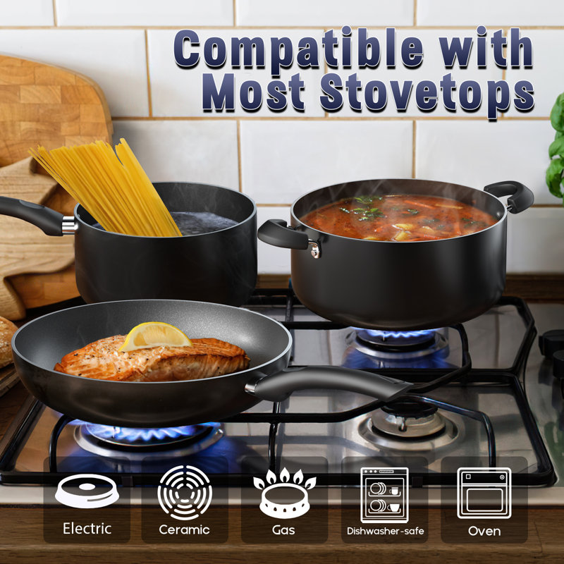 15-Piece Black Nonstick Aluminum Cookware Set with Glass Lids