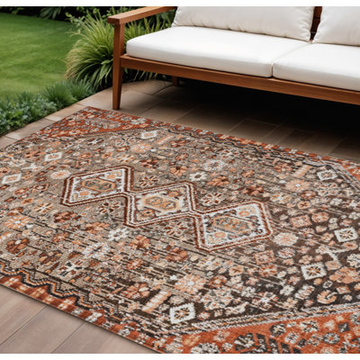 Tapis intérieur/extérieur lavable, brun et blé, motif aztèque, 3 m x 4,25 m