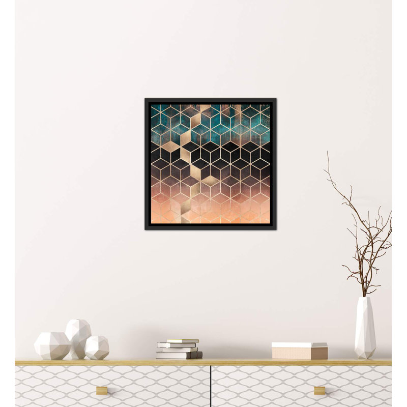 «Ombre Dream Cubes» par Elisabeth Fredriksson - impression d'art graphique, Toile avec cadre noir, H 18 po x l 18 po x 1,5 po