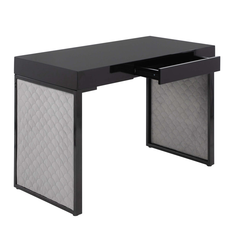 Bureau rembourré en acier noir, bois noir et velours argenté