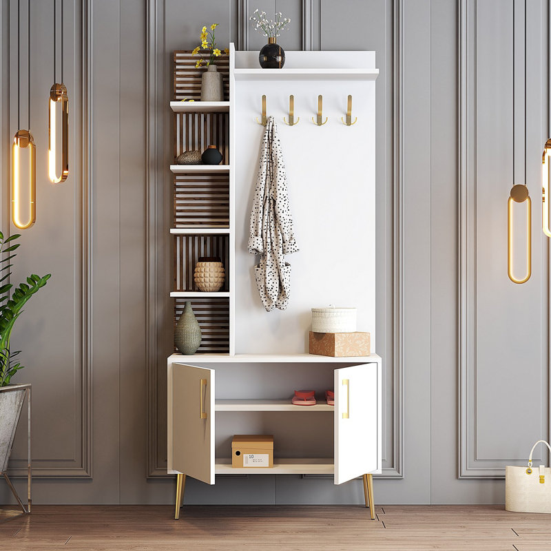 Modern Hall Stand with White & Gold Finish, 35.4 x 79.5 x 13.8 inches | 100% Melamine Coated Particle Board, Thickness: 0.7 inches | Elegant Design for Entryway Storage & Organization, Stylish and Durable