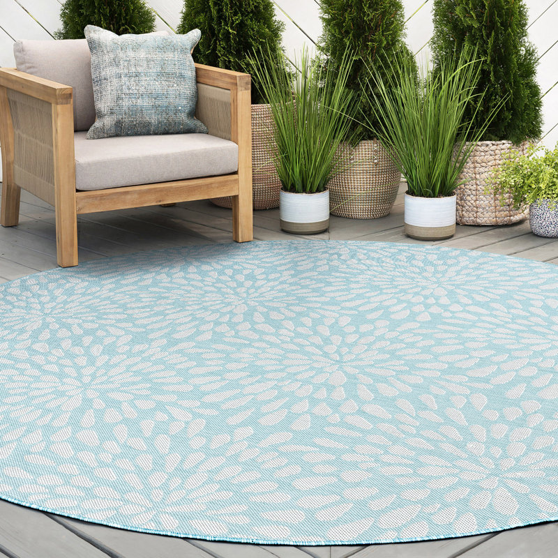 Tapis d'intérieur / extérieur à motif floral turquoise / blanc Hinz, Rond 5 pi 3 po