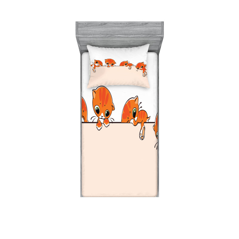 Drap-housse et coussin décoratif pour chat Ambesonne, blanc crème orange, Ensemble de draps pour lit simple + deux taies d'o