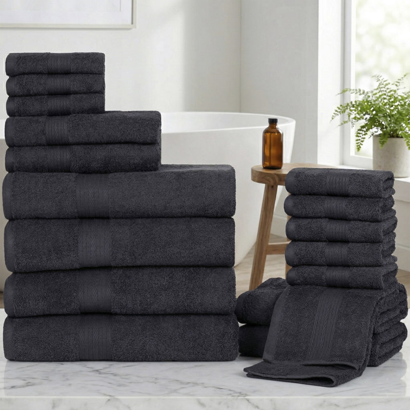 Como Smooth Soft and Thick 100% Cotton Towel Set, Gray, 18 Piece Towel Set