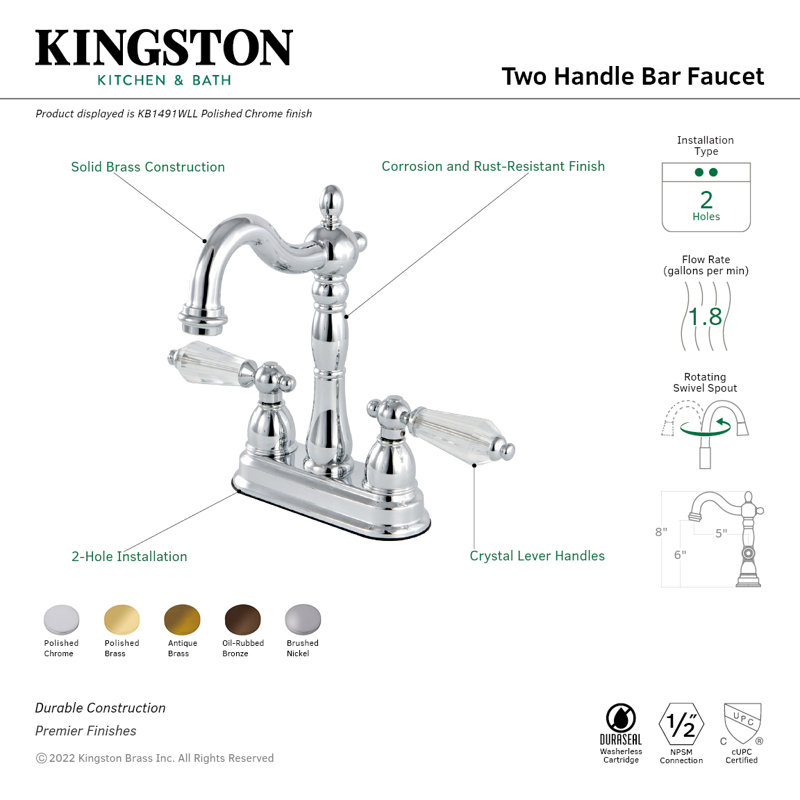 Kingston Brass Wilshire Two-Handle 2-Hole Deck Mount Bar Faucet, Chrome