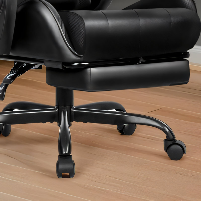 High-Back Reclining Leather Gaming Chair, Black With Footrest And Lumbar Support, Height Adjustable, Ergonomic And Comfortable Computer Chair For Home And Office Use.