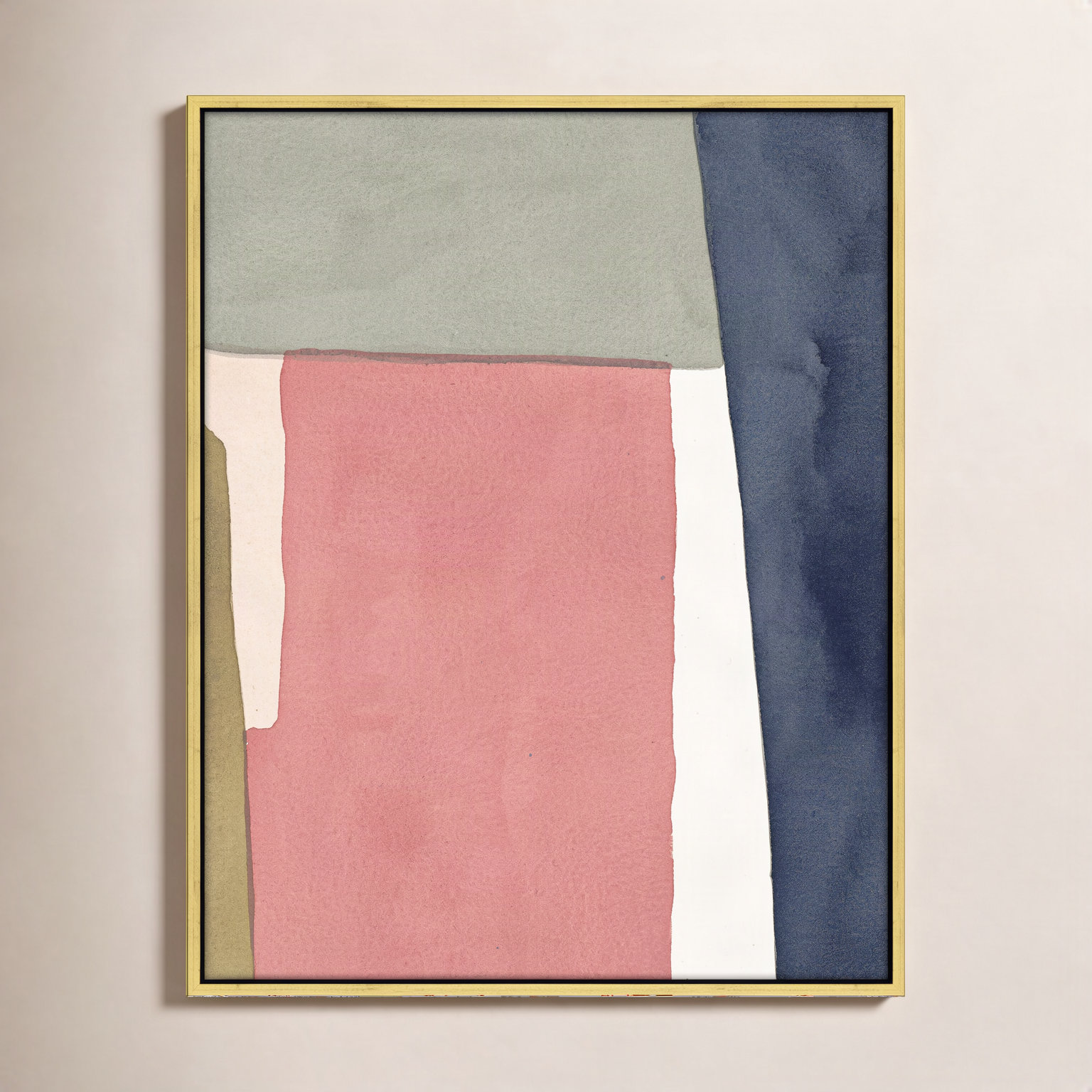 Warm Pink And Indigo by Julia Balfour, 20" H x 16" W x 1.4" D, Gold Framed Canvas