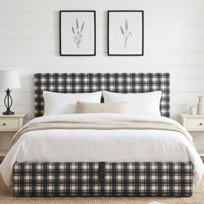 King Size Modern Farmhouse Lift-Up Storage Platform Bed, White and Blue Plaid