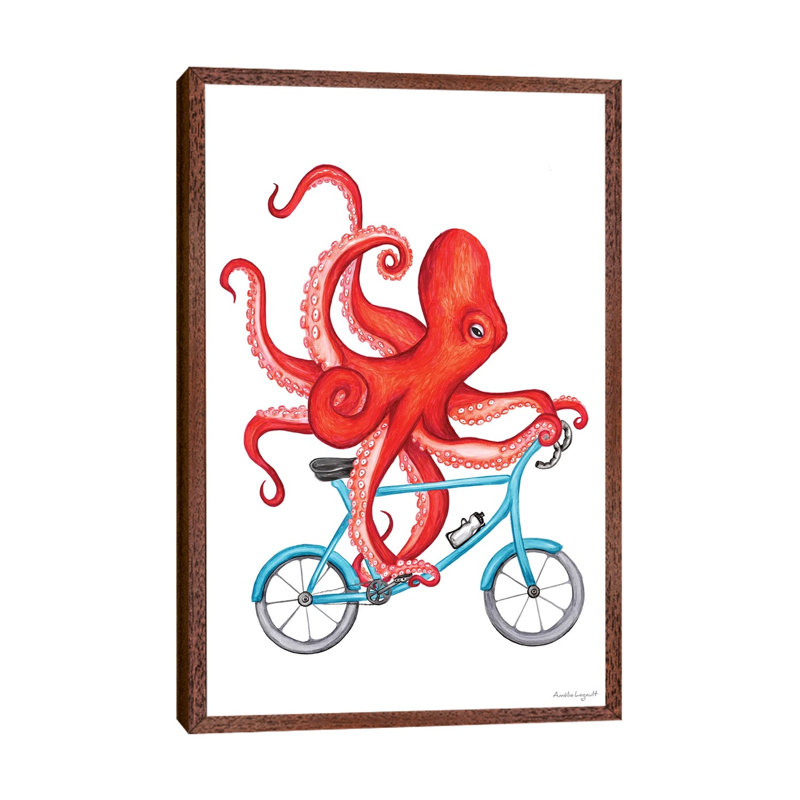 Octopus On Bike by Amélie Legault - Painting on Canvas, 101.6cm H x 66.04cm W x 3.81cm D, Classic Brown Wood Floater Framed