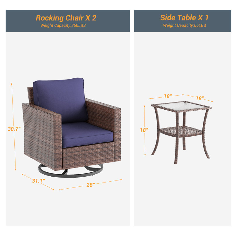 Ensemble de conversation avec chaise berçante pivotante pour 2 personnes Murielle, Brun, Bleu marine