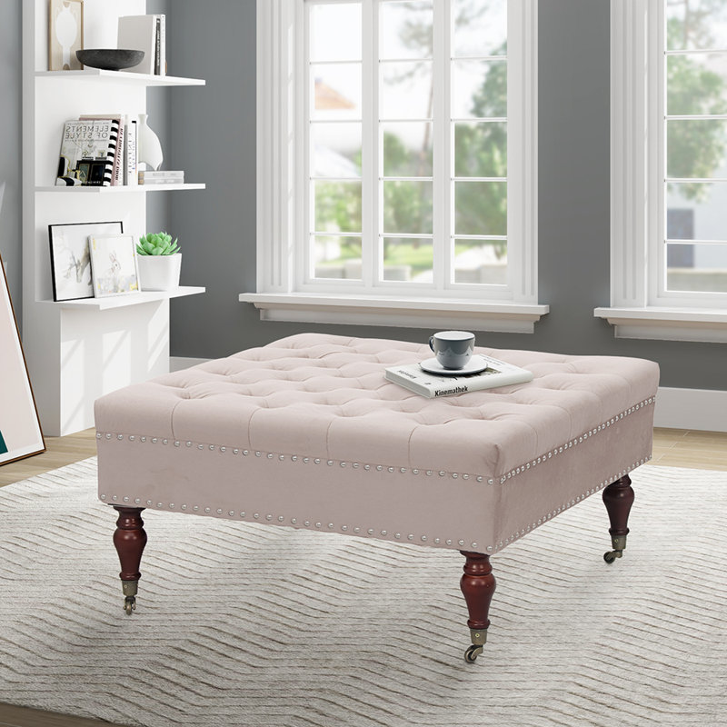 Bhreac Velvet Ottoman, Beige Velvet