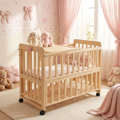 CPC Certified Girls Solid Wood Bedside Sleeper Bassinet, Expandable Portable Mini Infant Crib Featuring 3 Adjustable Heights, Equipped with Comfort Ma