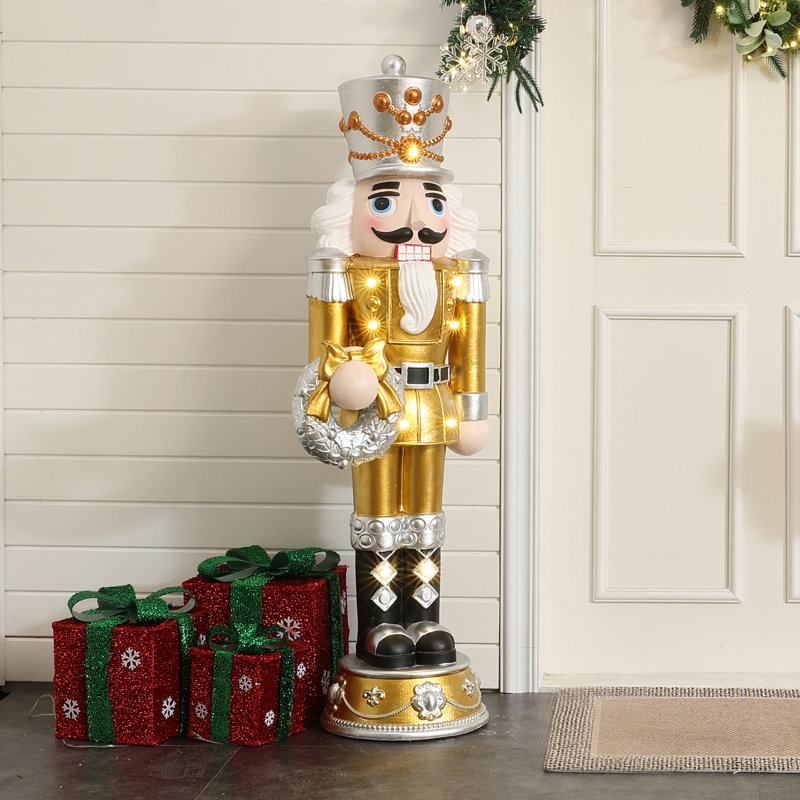 Soldat doré casse-noisette 4 pi avec couronne argentée, décoration de Noël à piles, H 48,82 po x l 16,54 po x P 12,6 po