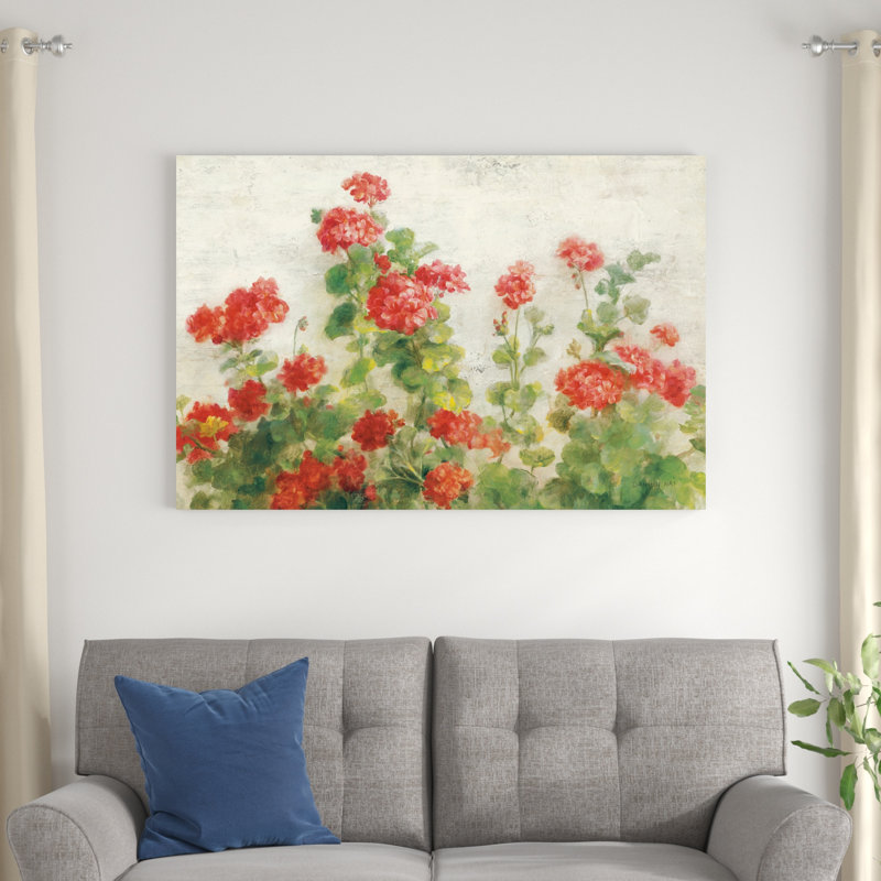 Géraniums rouges sur fond blanc V2, H 32 po x l 48 po x P 1,25 po